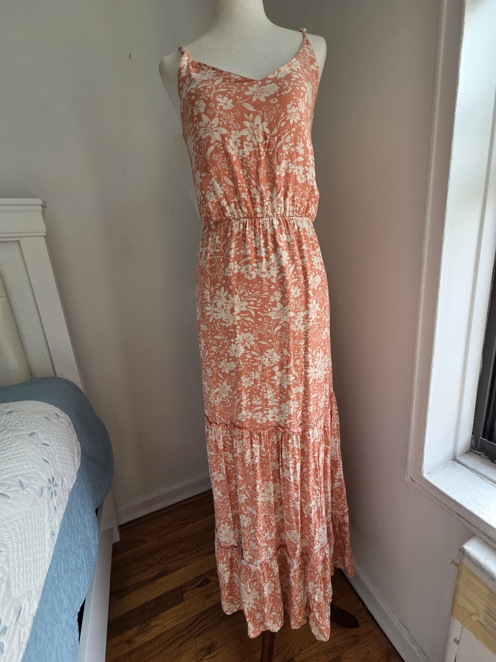 West Kei Coral and Cream Floral Spaghetti-Strap Maxi Dress